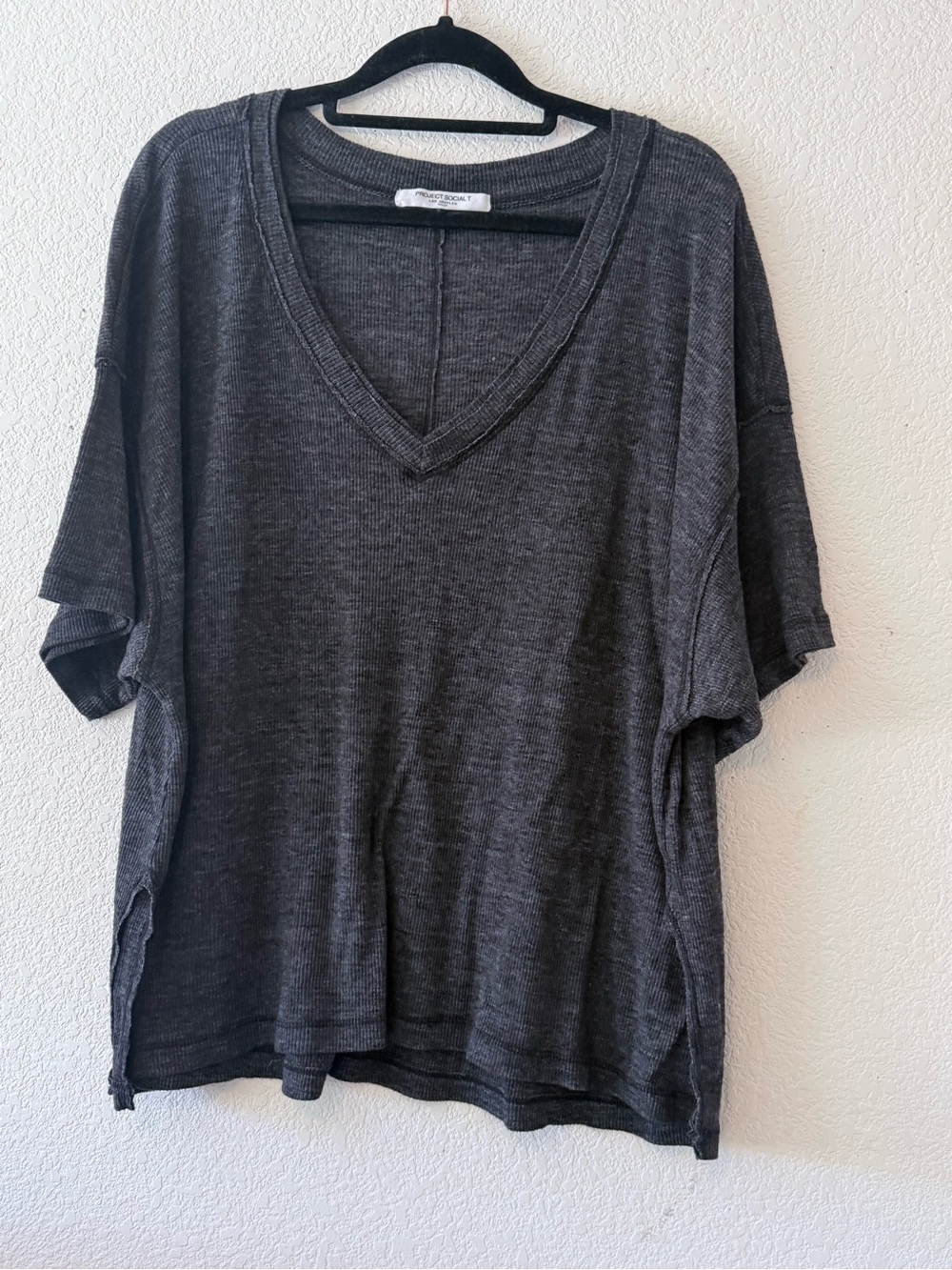 Project Social T Washed Charcoal V-Neck Short Sleeve Top 0286
